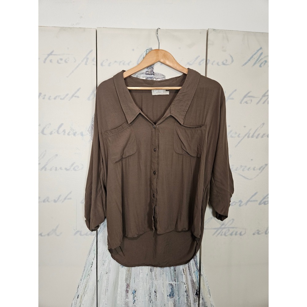 Nation LTD Button Down Shirt Medium Brown Rayon Dual Pocket High Low Relaxed